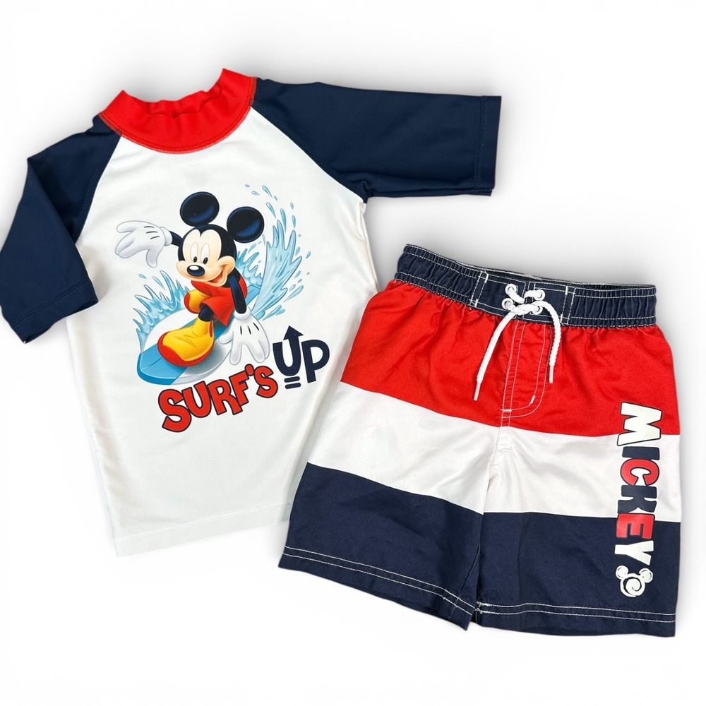 Disney Mickey Mouse Swimwear Set Toddler Boys 2T Blue Red Surf Rash Guard Trunks